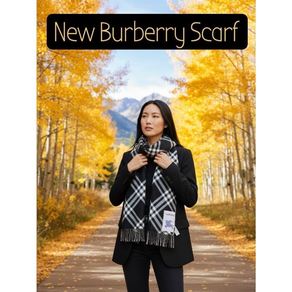NWT Burberry Black White & Gray 100% Wool Oversized Signature Check Scarf Auth